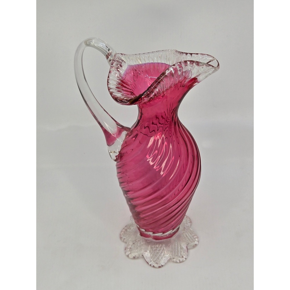 Vintage Cranberry Glass Swirl Pitcher Ruffled Rim Applied Handle Petal Foot 11"